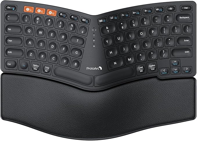 ProtoArc Bluetooth Ergonomic Keyboard, EK04 Mini Compact Wireless Ergo Keyboard with Palm Rest, Split Design, Natural Typing, Bluetooth and USB, Rechargeable, for Windows/Mac - Black