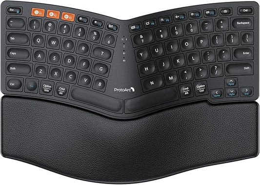 ProtoArc Bluetooth Ergonomic Keyboard, EK04 Mini Compact Wireless Ergo Keyboard with Palm Rest, Split Design, Natural Typing, Bluetooth and USB, Rechargeable, for Windows/Mac - Black