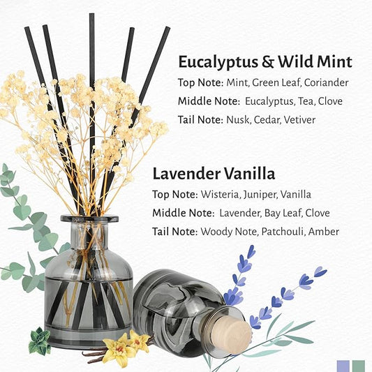 Brakula 2 Pack Reed Diffuser, Eucalyptus & Wild Mint+Lavender Vanilla (3.38 fl oz Each Pack), Home Fragrance with 12 Sticks, Shelf Decor, Reed diffusers for Home