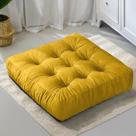NEST & LOOM Floor Cushions - Floor Chair Pillow, Meditation Cushion, Square Large Floor Pillow, Solid Thick Tufted Floor Pillow - Yellow - 21.65" x 21.65"