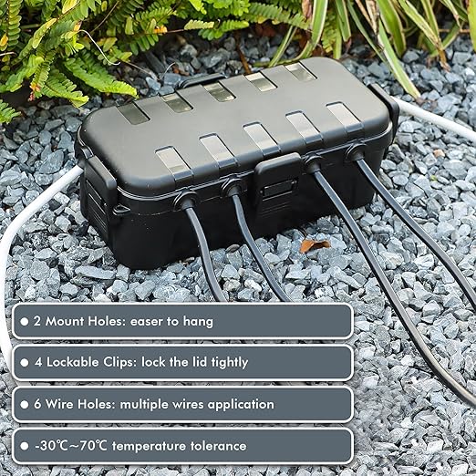 RESTMO Outdoor Electrical Box, IP54 Weatherproof Extension Cord Cover with 6 Cable Entry Ports, Waterproof Connection Box Protect Power Strip, Timer, Plug, Holiday Lights, (11.5x5.2x4 inch), Black