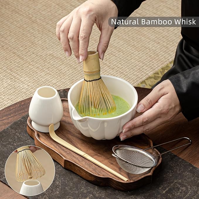 Matcha Whisk Set, Matcha Set Includes Ceramic Matcha Bowl, Bamboo Whisk, Scoop, Chasen Holder, Sifter, 5 Pcs Perfect Matcha Kit for Macha Lover (Pearl White)