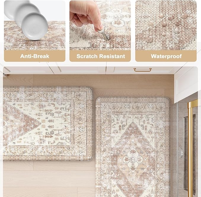 KIMODE Kitchen Mats Cushioned Anti Fatigue, 20"x39" Farmhouse Kitchen Rug, Non Slip Kitchen Mats for Floor, Padded Kitchen Floor Mats, Standing Desk Mat for Sink, Laundry, Desk Khaki