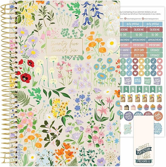 bloom daily planners 2025-2026 Academic Year Daily Planner (July 2025 - July 2026) - A5 Weekly & Monthly Calendar, Cute Floral Agenda Organizer Book with Stickers - 5.5" x 8.25" - Garden Party, Beige