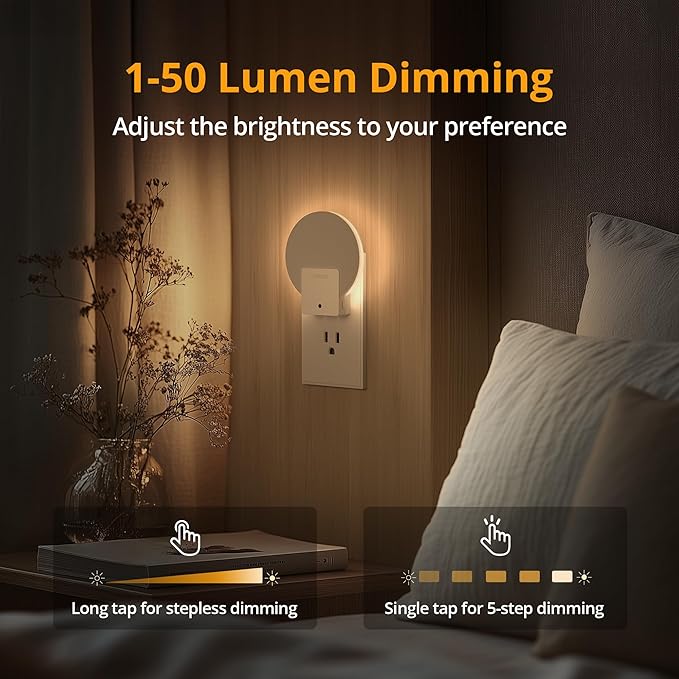 Lyridz Plug in LED Backlit Night Light with Auto Dusk to Dawn Sensor, 1-50 LM Dimmable Warm White Nightlight Indoor for Bedroom, Bathroom, Kids Room, Pet House, Kitchen, Stairs, Hallway, 4 Pack