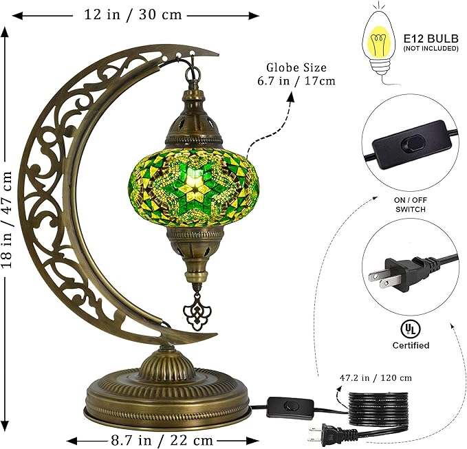mozaist Turkish Mosaic Moon Shape Table Lamp, Moroccan Crescent Vintage Handmade Desk Light, Country Living Room, Kitchen Island Decorative Lighting, Authentic Bohemian Bedside Dim Nightstand (Green)