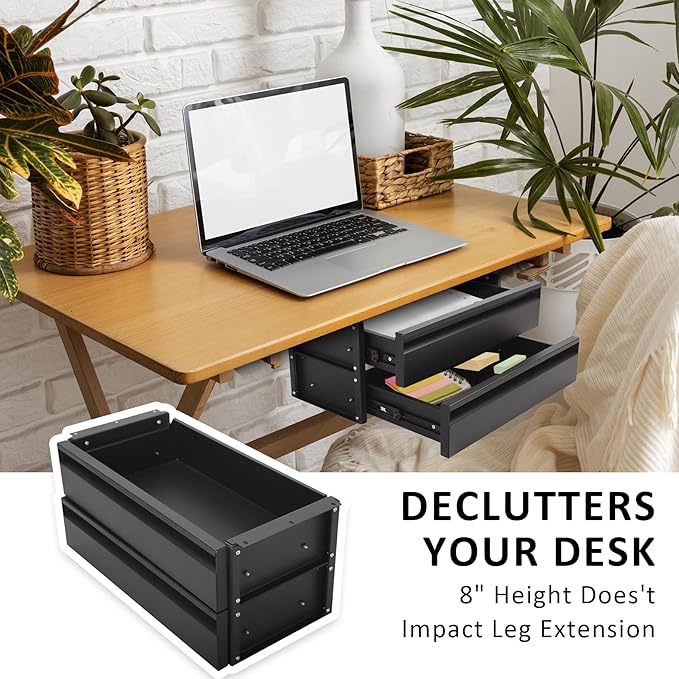 POPMOON Under Desk Drawer,Adjustable Height 15in Drawer Pull out for Desks Carbon Steel Hidden Drawers