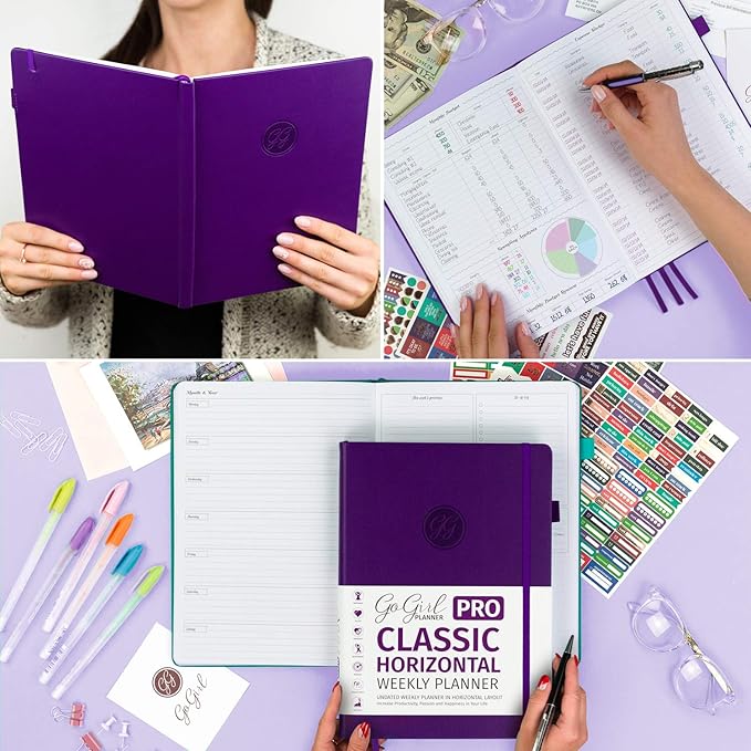GoGirl Planner PRO - Undated Horizontal Layout Weekly Planner and Organizer + Budgeting and Expense Tracking Pages, Goals Journal & Agenda, 7" x 10" Hardcover, Lasts 1 Year - Purple