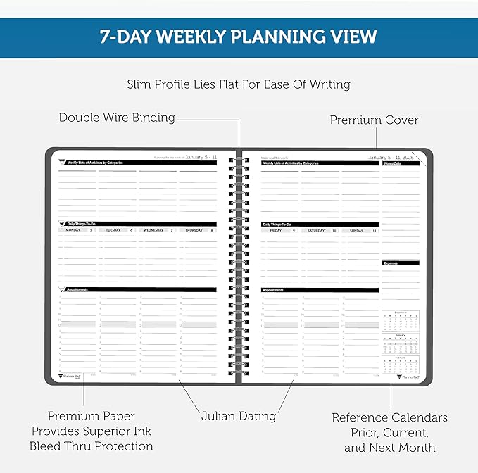Planner Pad Spiral Bound January-December 2026/ Calendar Year 6 3/4" x 8 1/2" Medium 3-Tier Funnel Down 12 Month Organizer, Black Cover/Black Ink