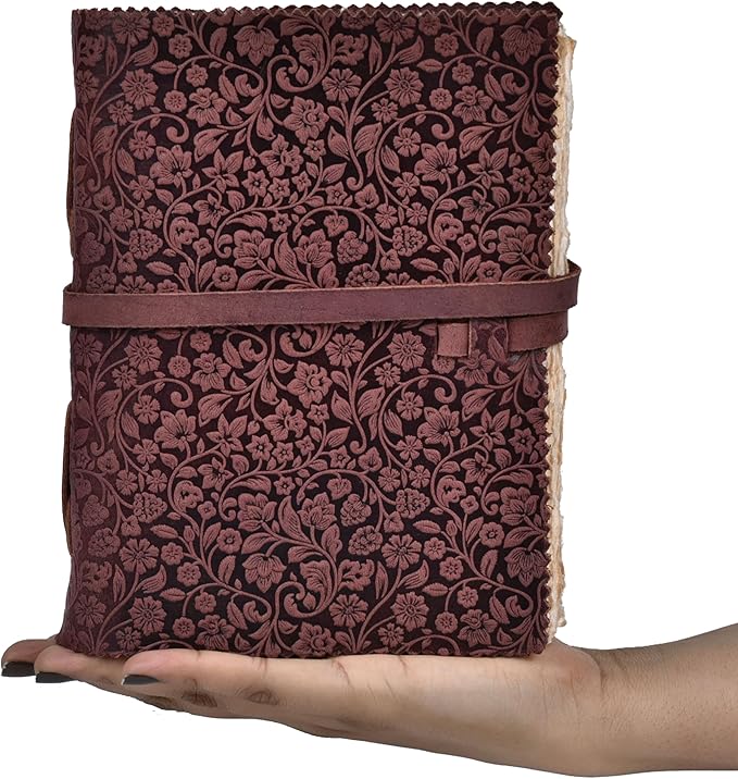 LEATHER VILLAGE Leather Bound Floral Embossed Journal for Women Men - 200 Pages, 10X7 Inches, Fuchsia - Book of Shadows, Vintage Blank Paper Travel Diary, Notebook for Writing, Drawing, Sketchbook