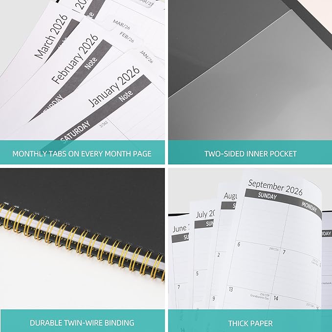 2026-2030 Monthly Planner, 5 Year Monthly Planner/Calendar 2026-2030, 60-Month Jan 2026 – Dec 2030, 9" x 11", Tabs, Double-Side Pocket, Holidays, Thick Paper - Black