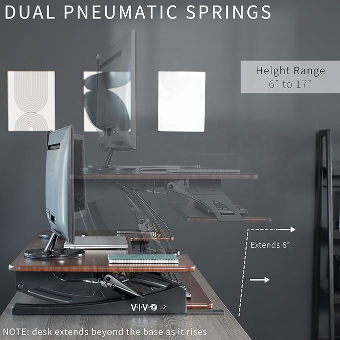 VIVO 42 inch Height Adjustable Stand Up Desk Converter, V Series, Quick Sit to Stand Tabletop Dual Monitor Riser Workstation, Dark Walnut Top, Black Frame, DESK-V000VLD