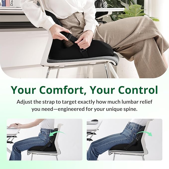 Memory Foam L-Shaped Seat Cushion with Lumbar Support & Adjustable Strap - Tailbone Pain Relief for Office Chair, Car, Home - Non-Slip Bottom, Breathable Mesh Cover (Black)