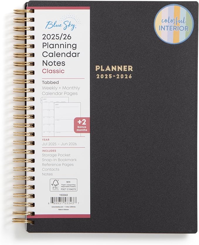 Blue Sky 2025-2026 Academic Year Weekly and Monthly Planner Calendar, July 2025 - June 2026, 12-Month, 5.8" x 8.6", Flexible Cover, Wirebound, Laminated Tabs, Storage Pocket, Black