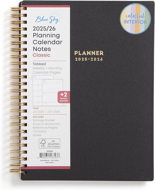 Blue Sky 2025-2026 Academic Year Weekly and Monthly Planner Calendar, July 2025 - June 2026, 12-Month, 5.8" x 8.6", Flexible Cover, Wirebound, Laminated Tabs, Storage Pocket, Black