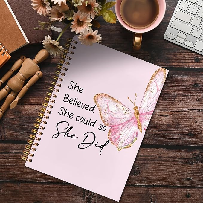 Pink Butterfly Inspirational Spiral Notebook 5.5x8.3, She Believed She Could So She Did Motivational Journal, Inspirational Encouragement Gifts for Women, Pink Office Supplies