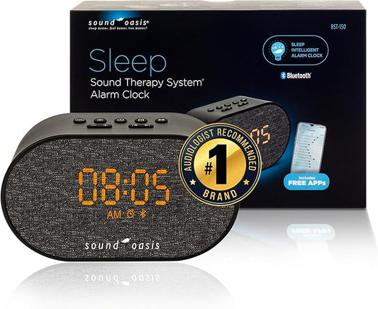 Sound Oasis® Bluetooth® Sleep Sound Therapy System® Alarm Clock - Sleep Better, Manage and Mask Tinnitus, 30 Built-in Sounds, Sleep-Friendly Lighting, Travel Friendly (BST-150)