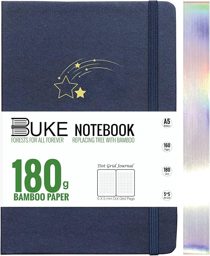 Dot Grid Notebook Dotted Journal,180Gsm Bamboo White Paper, 5 * 5MM Dots 160 Pages,Colored Silver Edges, Bookmarks and Expandable Back Pocket,Shooting Stars