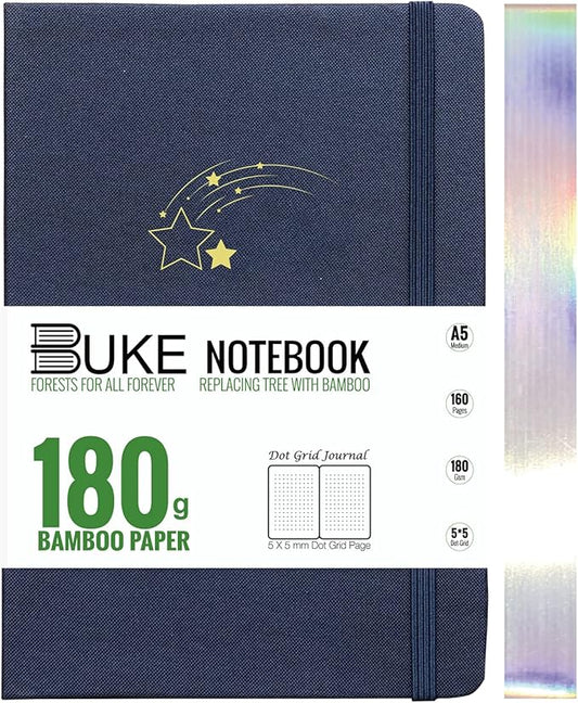 Dot Grid Notebook Dotted Journal,180Gsm Bamboo White Paper, 5 * 5MM Dots 160 Pages,Colored Silver Edges, Bookmarks and Expandable Back Pocket,Shooting Stars