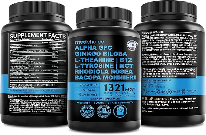 12-in-1 Nootropic Brain Supplement Anhydrous: Ginkgo Biloba for Brain Support, Memory and Focus - B12, Alpha GPC, L Theanine and Choline Supplements with Bioperine Non Caffeinated 1321mg (120ct)