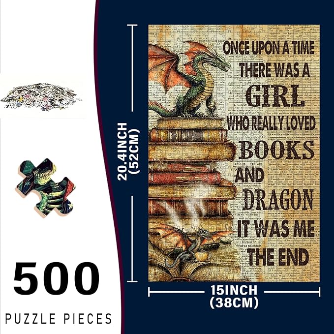 500 Piece Wooden Jigsaw Puzzle Once Upon a Time There was a Girl Who Loved Books & Dragons Adults Dementia Therapy Tool Gentle Cognitive Exercise Stress Relief Memory Boosting 20.4x15 Inch