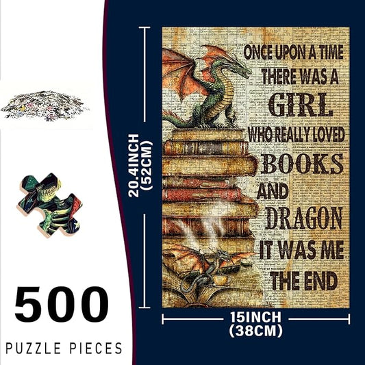 500 Piece Wooden Jigsaw Puzzle Once Upon a Time There was a Girl Who Loved Books & Dragons Adults Dementia Therapy Tool Gentle Cognitive Exercise Stress Relief Memory Boosting 20.4x15 Inch
