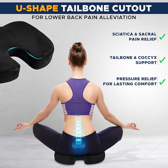 EcoNour Thick Memory Foam Gel Seat Cushion (Black) | Office Chair Cushion for Sciatica, Tailbone and Lower Back pain | Orthopedic cushion for Tail bone| Anti-Slip Support Pillow For Seniors and Driver