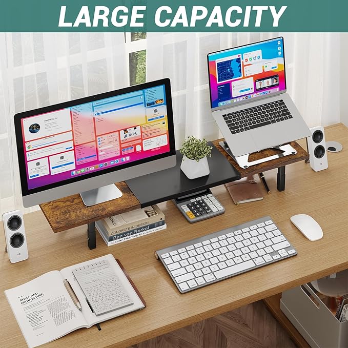 X-cosrack Adjustable Height and Length Dual Monitor Stand Riser, Wood and Steel Monitor Stand for 2 Monitors, Multi-Purpose Desk Shelf Organizer Riser Stand for Computer, Laptop, Printer, TV