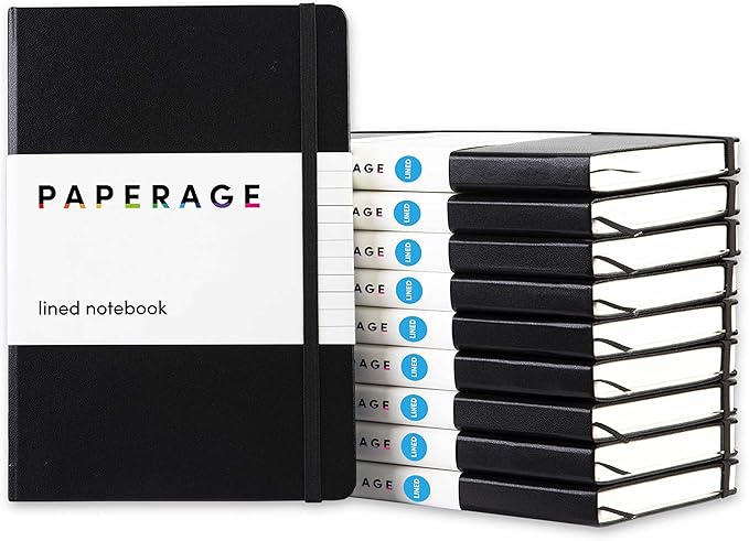 PAPERAGE Lined Journal Notebook, 10 Pack, (Black), 160 Pages, Medium 5.6 in x 8 in - 100 GSM Thick Paper – Hardcover Journaling Notebook for Work, School & Note Taking