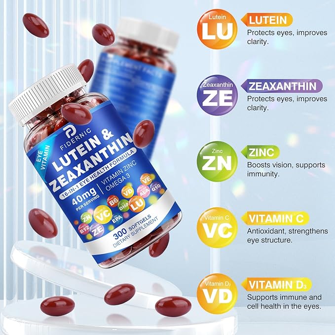 Lutein and Zeaxanthin Supplement - Eye Vitamins, 40 mg Lutein & 8 mg Zeaxanthin with Vitamins C, E, Zinc, Omega-3 & CoQ10 for Blue Light Protection, Eye Health Support, Eyebright  - 300 Softgels