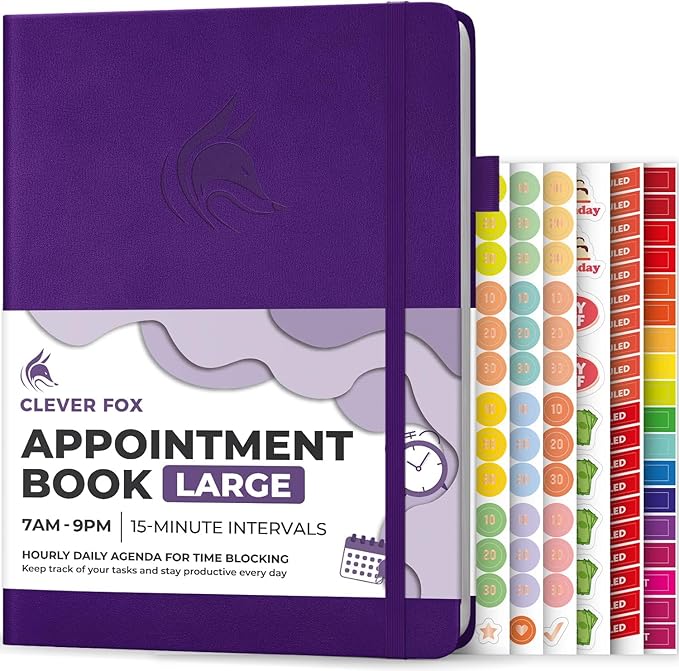Clever Fox Appointment Book – Hourly Schedule Planner with 15-Minute Increments – Time Box Planner for Daily Work & To-Dos – Weekly & Monthly Spreads, Undated, Hardcover, 8.3x11″ (Purple)
