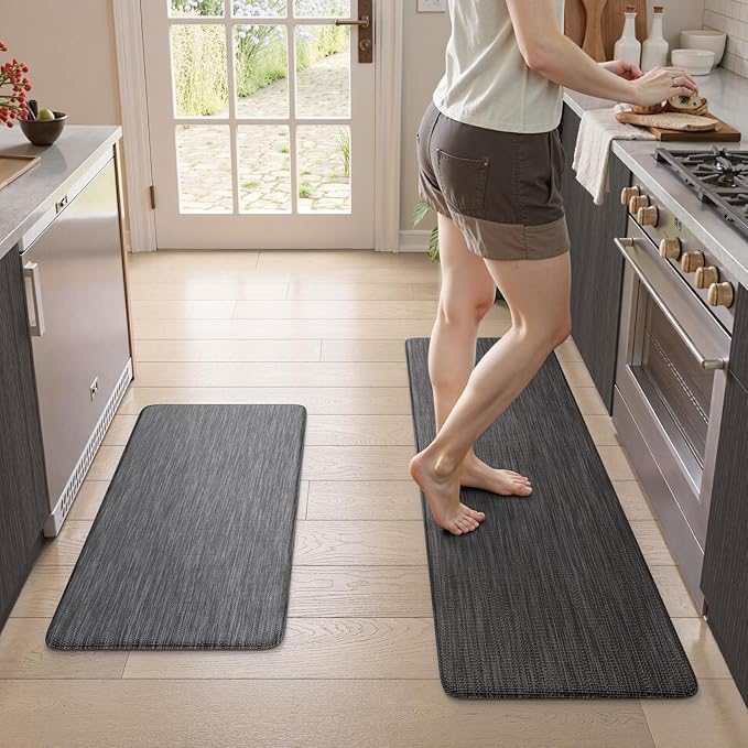 KIMODE Anti Fatigue Kitchen Mats 17"x47"+17"x29", Dark Grey Farmhouse Kitchen Rugs Sets of 2, Paded Kitchen Floor Mats, Textilene Kitchen Mat for Floor Non Slip, Standing Mat for Laundry Sink Desk