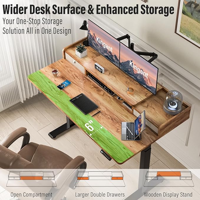 Kingant 48" x 30" Standing Desk with Drawers, Large Desktop, Ergonomic Sit Stand Desk for Home Office Work, Cable Management, 3 Preset Heights & 2 Hooks, Light Rustic
