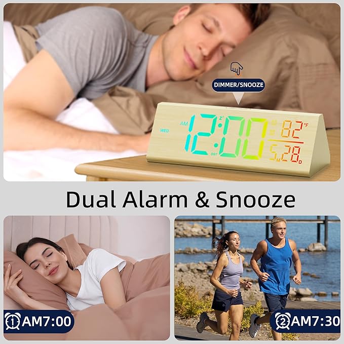 Solid Wood Digital Alarm Clock for Bedroom - 8.8 Inch Large Display for Living Room, See Time Instantly! Multicolor Backlight Time Display, Dual Alarms, Date/Temp/Day, DST, Snooze (Bamboo)