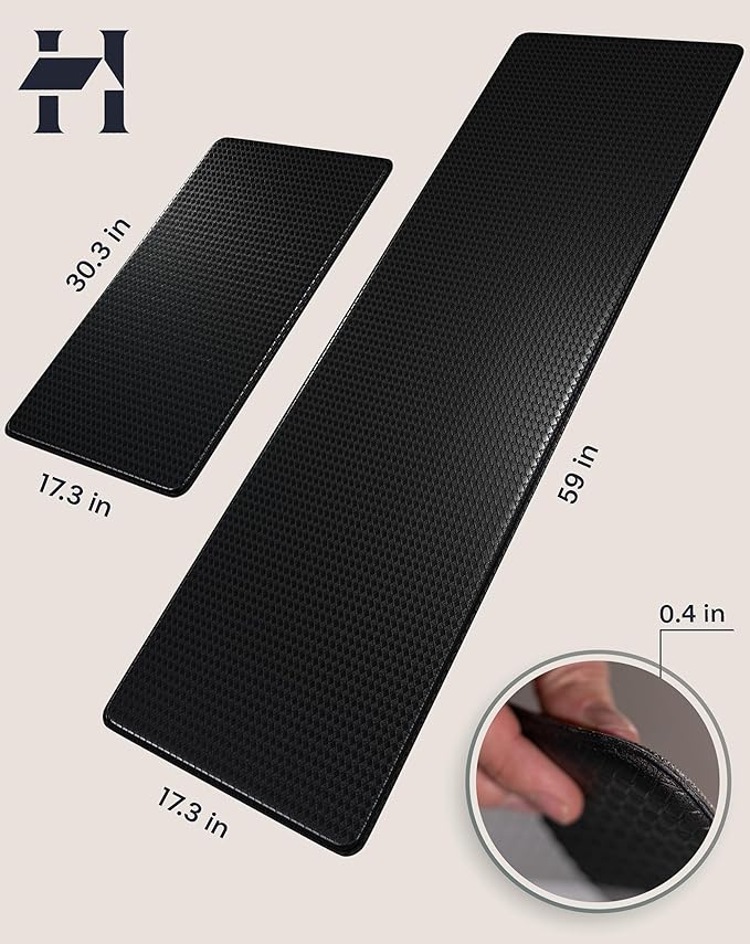 Anti-Fatigue Kitchen Mat Set – 2-Piece Memory Foam Cushioned Mats for Standing – Black, 18×30 & 18×60, 0.4 in Thick, Waterproof, Non-Slip – Homergy