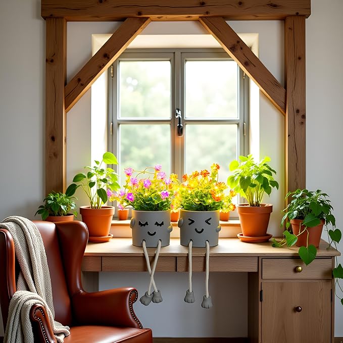 Cute Fake Plants, Flower Pots with String Lights, Fake Plants Artificial for Desk Décor, Office Decor for Women, Shelf Decor for Gift, Bathroom Decoration, Window Sill Decor