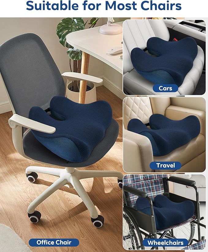Feagar Seat Cushion - Office Chair Cushion for Hip, Sciatica & Tailbone Pain Relief - Memory Foam Pressure Relief Seat Cushion, Large Wrapped Design for Wheelchair, Car Seat & Long Sitting (Blue)