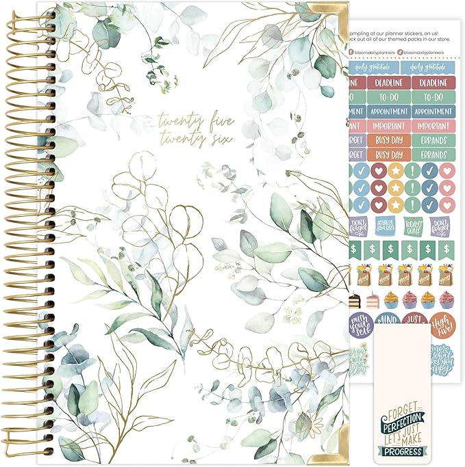 bloom daily planners HARDCOVER 2025-2026 Academic Year Day Planner (July 2025 - July 2026) - A5 Task Goal Organizer - Monthly & Weekly Inspirational Agenda Book - 5.5" x 8.25" - White Eucalyptus