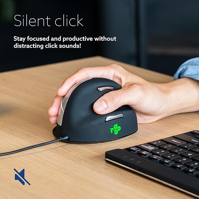 R-Go HE Ergonomic Mouse, with Break Software, USB-C Wired (with USB A Converter), Vertical Design, Anti Carpal Tunnel, Silent Click, Customisable Buttons, Compatible for Windows/MacOS, Black/Silver