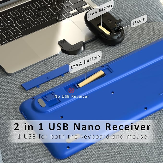 Wireless Computer Keyboards Mouse Combos, COVEVA Colorful Typewriter Retro Keyboard with Round Keycaps, USB Keyboard and Mouse Set 2.4GHz Full-Size Wireless Keyboard and Optical Mouse（Black-Blue）