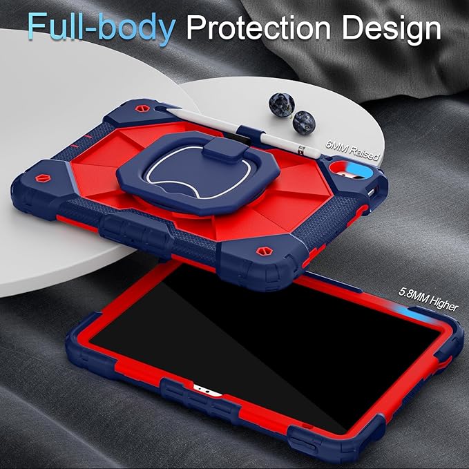 Case for iPad (A16) 11th/10th Generation 11.0/10.9 Inch with Screen Protector/360° Rotating Stand/Shoulder Strap/Pencil Holder,Military Grade Shockproof iPad Case 10th Generation,Navy Red