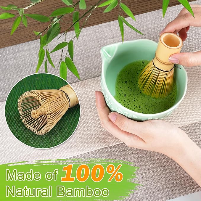 Matcha Whisk Set, Matcha Set 7 Pcs, Ceramic Matcha Bowl with Spout, Bamboo Chasen Whisk & Holder, Scoop, Sifter, Tea Towel, Ideal Gift Christmas, Birthday(Green)