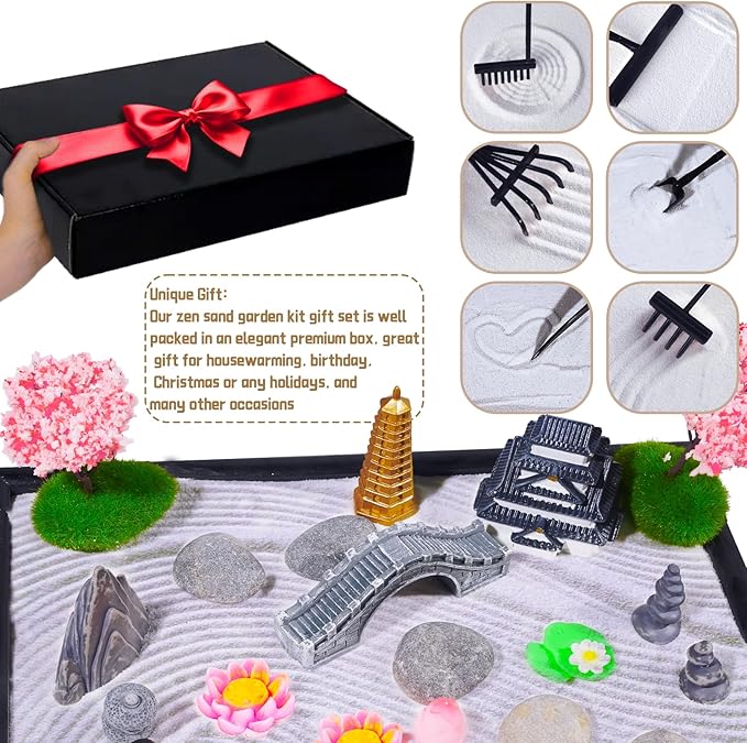 Bbiamsleep Zen Garden Kit for Desk, 9.8 x 7 Inch Mini Zen Sand Garden with 6 Tools, 27 Accessories for Home Office Desktop Japanese Decor