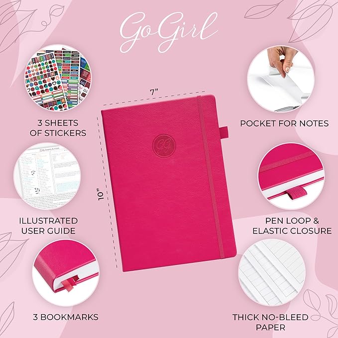 GoGirl Planner PRO Schedule - Undated Planner with Hourly Time Slots, Monthly, Weekly & Daily Organizer, Appointment Book for time Management, 7"x10" Hardcover, Lasts 1 Year - Fuchsia