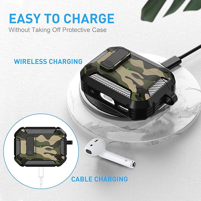 Maxjoy AirPods Pro 2nd/1st Generation Case Cover with Lock, AirPods Pro 2 Protective Case with Keychain Compatible with Apple AirPod Pro2 2023 USB C Cable 2022 Lightning Cable/ Pro1 2019, Jungle Camo