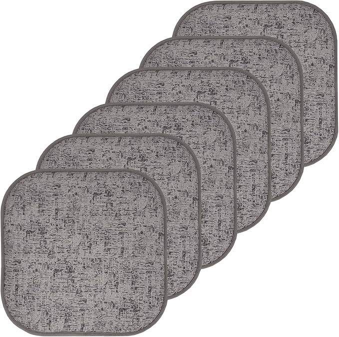 Sweet Home Collection Chair Cushion Memory Foam Pads Honeycomb Pattern Slip Non Skid Rubber Back Rounded Square 16" x 16" Seat Cover, 6 Pack, Broadway Gray/Black