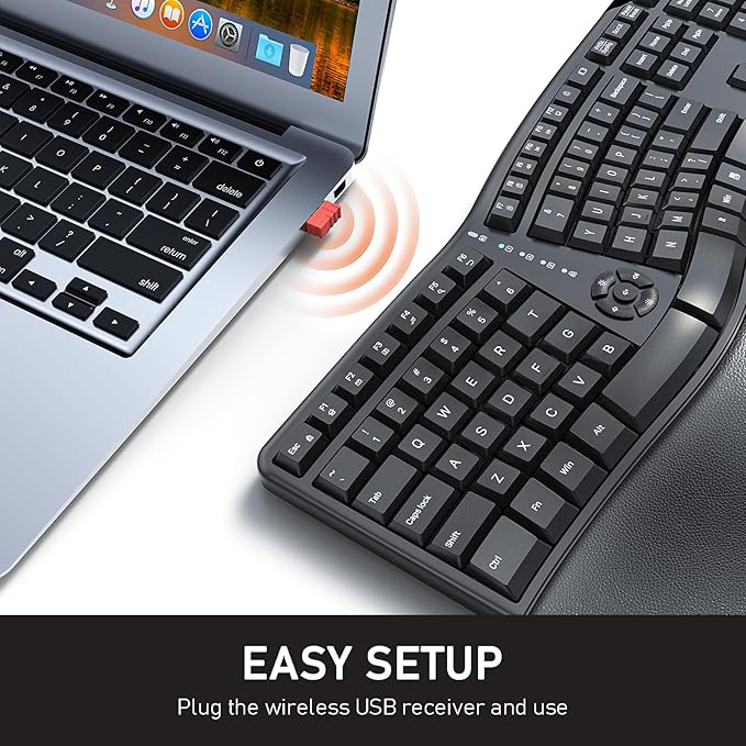 MEETION Ergonomic Keyboard, Wireless Computer Keyboard, Ergo Split Keyboard with Cushioned Wrist, Palm Rest, Curved Natural Typing, Full Size Rechargeable for Windows/Mac/Laptop/PC, Black