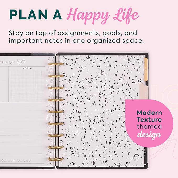 Happy Planner Disc-Bound Planner Jan.–Dec. 2026, Includes 3 Extra Months and 2 Sticker Sheets, Classic Size, 7" x 9.25", Dashboard Layout, Modern Texture