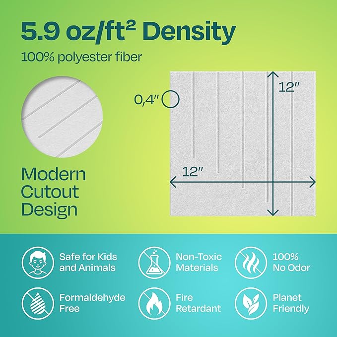 Acoustic Panels 12-Pack Soundproof Wall Panels 12"x12"x0.4" Decorative Sound Dampening for your Home, Office, Studio, Bedroom & More with Unique LineWave Carving [White]