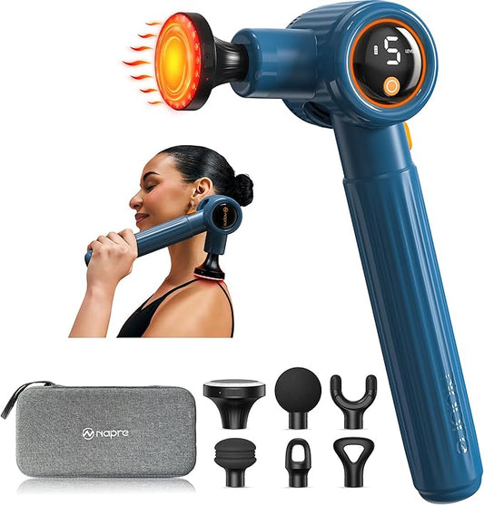 Massage Gun with Heat,Massage Gun Deep Tissue with Extension Handle & 3 Adjustable Angles,Handheld Percussion Back Massager for Muscle/Neck/Body Pain Relief with Portable Case,Blue